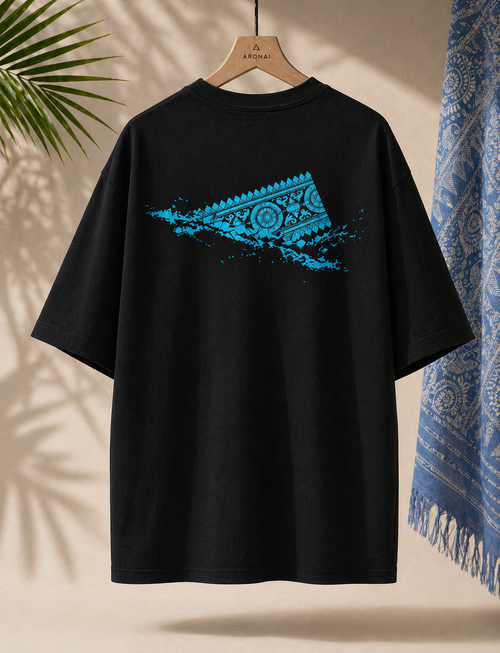 Aaronai Flow Oversized Tee — Black T-Shirt / Sky Blue Design