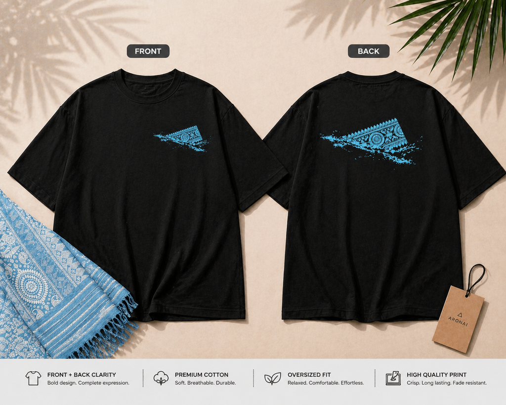 Aaronai Flow Oversized Tee — Black T-Shirt / Sky Blue Design