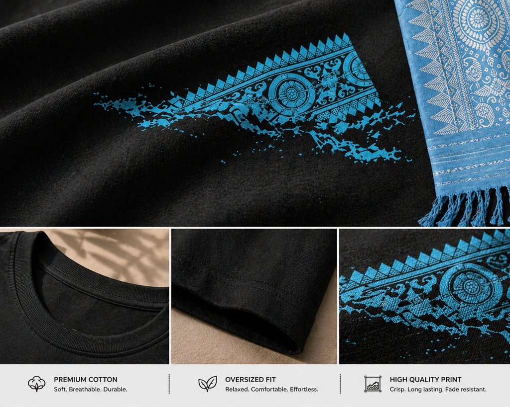 Aaronai Flow Oversized Tee — Black T-Shirt / Sky Blue Design