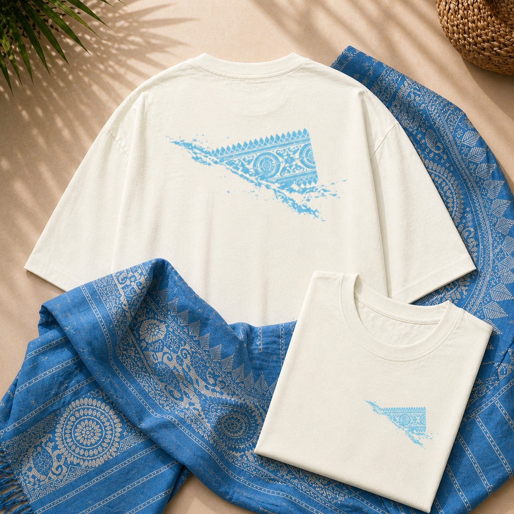 Aaronai Flow Oversized Tee — Cream T-Shirt with Sky Blue Design — Aagordrip premium streetwear