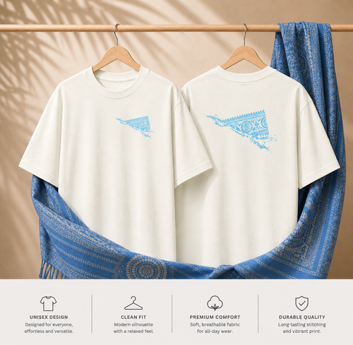 Aaronai Flow Oversized Tee — Cream T-Shirt / Sky Blue Design