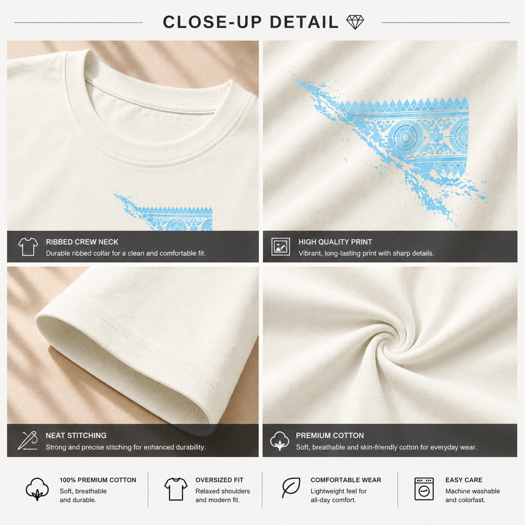 Aaronai Flow Oversized Tee — Cream T-Shirt / Sky Blue Design